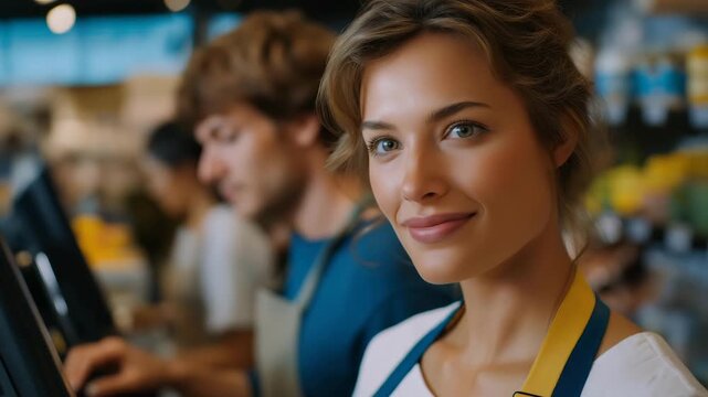 Retail cashier scanning products at busy checkout lane with customers waiting in line, surrounded by barcode readers and digital registers, representing traditional shopping, consumer behavior, and