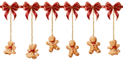 A seamless Christmas border with gingerbread cookies and red bows hanging from the top on golden threads. Decorative vector illustration, isolated on white background.