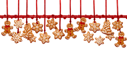 A seamless Christmas border of gingerbread man and snowflake cookies hanging from the top on red ribbon strings. Playful and festive pattern, isolated on white background.