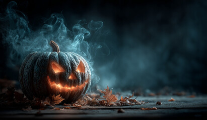 Scary Halloween Jack O Lantern Pumpkin With Blue Smoke And Copy Space