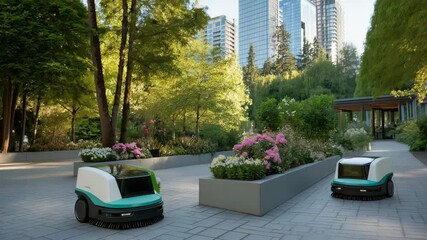 Robotic gardening machines in urban park pruning trees and planting flowers with precision, symbolizing advanced AI-driven urban ecology, sustainable city planning, and futuristic landscaping. - Powered by Adobe