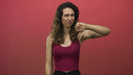 Fototapeta premium Young woman shows bare arms and grimacing expression as she displays a thumbs-down gesture in a studio; dissatisfaction.