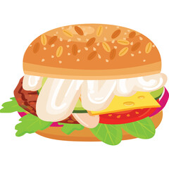 Close up view of a juicy burger with sesame seeds on a golden bun filled with lettuce tomato cheese and sauce on a transparent background