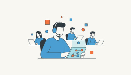 Customer service team in a call center wears headsets and works on laptops while a central agent holds a tablet showing a flowchart, highlighting efficient communication and problem solving