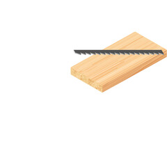 Close up view of a metal jigsaw blade resting on a light brown wooden plank with a white background and transparent elements