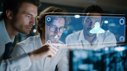 Team of professionals using interactive holograms of quantum circuits in high-tech office, symbolizing innovation, advanced research, and powerful computing beyond classical systems. cinematic - Powered by Adobe