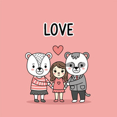 Naklejka premium Illustration of a cartoon girl with two anthropomorphic animals standing together in a cute composition with a heart above them on a pink background.