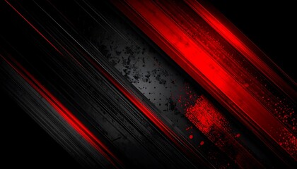 Dynamic abstract streaks of red and gray with textured gritty elements on a black background