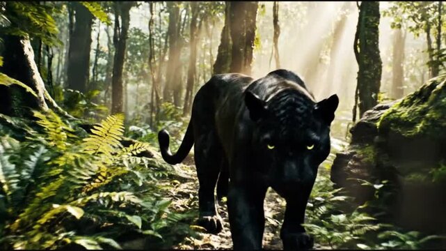 Deep within the dense, emerald-green foliage of a tropical rainforest, a sleek black panther moves with silent, fluid grace. 