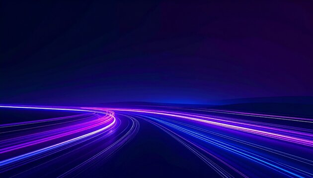 Streaking neon lights blur into a cosmic highway of purple and blue
