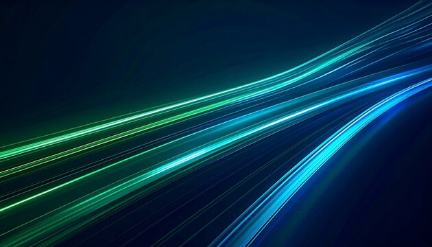 Abstract blue and green light trails streaking across a dark background, suggesting speed and motion