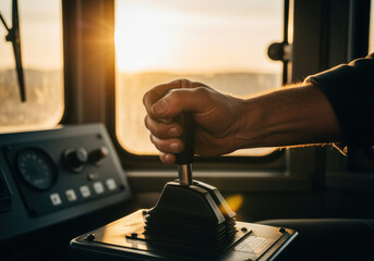 Strong male hand gripping control lever inside vehicle cabin at sunset, focus on manual operation and transportation technology