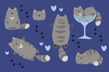 Vector flat set of illustrations of a cute cat character sticker, character in different poses