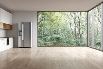 Fototapeta premium Modern kitchen with stainless steel appliance and large window views forest.
