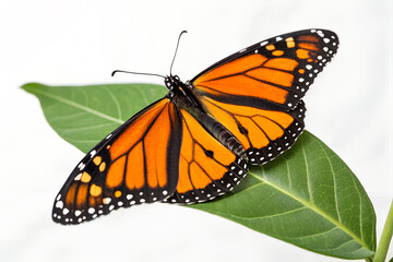 Fototapeta premium Stunning monarch butterfly with vibrant orange wings rests gently on a lush green leaf, showcasing nature's delicate beauty and intricate patterns.
