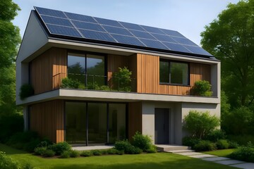Solar-powered modern home exterior surrounded by lush greenery
