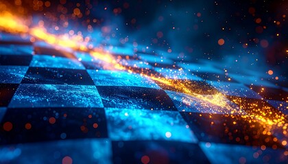 A glowing blue checkered flag burns with a trail of fiery orange sparks in a dynamic, abstract scene