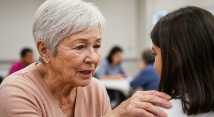 Caring senior woman giving support to a young girl in an indoor group setting, showing empathy and emotional connection