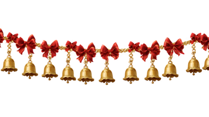 A seamless top border of hanging golden bells and red bows. Decorative graphic element, clean and festive, isolated on white background.