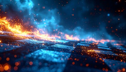 A glowing checkered floor with fiery sparks and cool blue smoke creates a dynamic, abstract scene