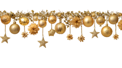 A seamless top border of assorted golden Christmas ornaments, including balls, bells, and stars. Decorative graphic element, clean and festive, isolated on white background.