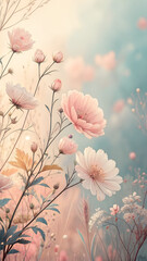 Delicate pink cosmos flowers bloom softly in a dreamy pastel garden creating a serene and romantic atmosphere perfect for spring and summer themes