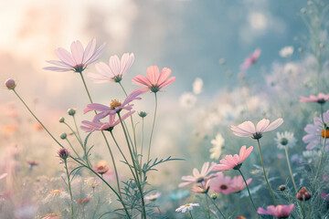 Delicate pastel cosmos flowers sway gently in a soft, dreamy meadow bathed in warm, ethereal light, creating a scene of serene natural beauty.