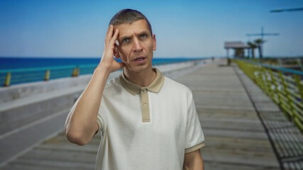 Man standing on seaside promenade with thoughtful expression, wearing casual shirt, against a...