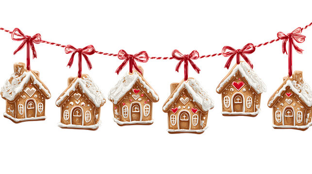 A seamless top border of hanging gingerbread house cookies, each with a red ribbon loop. Decorative and whimsical, isolated on white background.