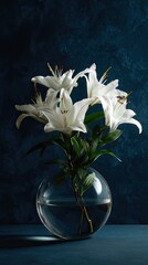 Elegant white lily flower arrangement in a round glass vase. Beautiful bloom for funeral, wedding decoration, or Mother's Day. Nature and floral art.