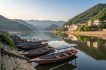 Serene river boats await adventure along a tranquil mountain village coastline, bathed in soft morning light