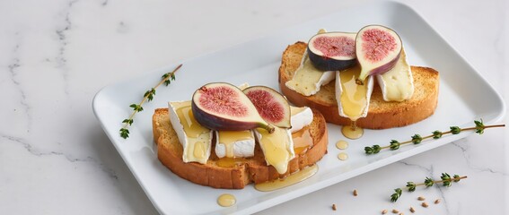 Crispy toast with brie cheese and fresh figs, drizzled with honey, elegant plating.