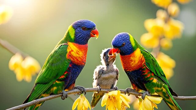 Rainbow lorikeet family playful on tropical blossoms, sunlight scattering vibrant color