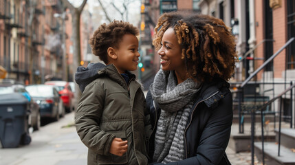 Fototapeta premium A delighted mother shares a heartfelt moment with her cheerful son, surrounded by the picturesque streets of a lively urban setting as sunlight bathes the scene