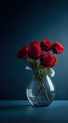 Red rose blooms beautifully in glass vase with water. Romantic flower arrangement for Valentine's Day or engagement gift. Love and passion symbol.