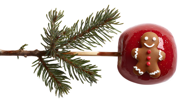 A single fir branch holding a glossy red candy apple, with a gingerbread man's face piped in white icing. Whimsical and narrative, photorealistic, isolated on white background.