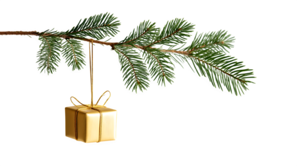 A single fir branch, perfectly isolated, with a stylized golden gift box ornament hanging from it. Minimalist and symbolic, clean studio shot, isolated on white background.