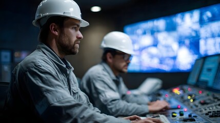 Industrial workers in hard hats monitor a complex control panel and large screens in a control room