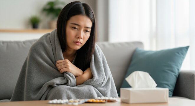 A sick young Asian woman wrapped in a blanket feeling unwell at home. Ill female with cold or flu symptoms sitting on a couch with medicine and tissues on the table