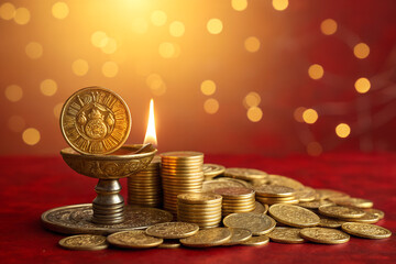 Golden Diwali celebration with a traditional diya oil lamp and stacked gold coins, symbolizing wealth and prosperity for financial success and good fortune