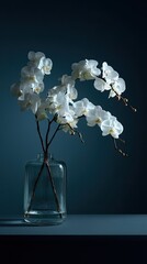 White orchid flower in a ribbed clear glass vase. Elegant floristry and home decor concept offering a serene and beautiful aesthetic.