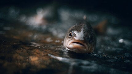 Fototapeta premium Close up view of a trout s head emerging from the surface of dark flowing river water