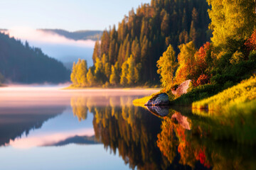 Serene misty forest lake landscape atmospheric nature scene