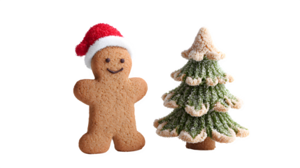 A single gingerbread man cookie, dressed in a tiny red Santa hat, standing next to a miniature Christmas tree. Adorable and detailed scene, isolated on white background.
