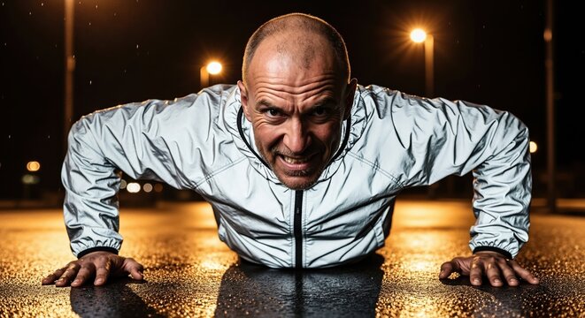 Intense close-up of a determined man doing a push-up on wet asphalt at night. Strong athlete in a reflective jacket during a rainy workout - Powered by Adobe