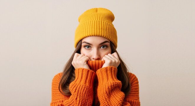 Portrait of a young woman in a yellow beanie and orange sweater. Cozy girl feeling cold and hiding her face in warm knitwear for autumn and winter fashion - Powered by Adobe