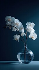 White orchid flower in a round glass vase. Beautiful bloom plant for home interior decoration. Nature still life for wallpaper or background design.