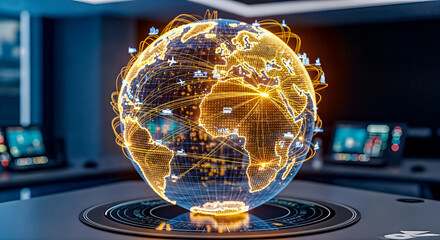 3D illustration of a glowing digital globe with network connections, showcasing global communication and technology in a modern workspace environment
