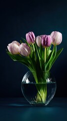 Pink and purple tulip stands in a clear glass vase with water. Floral bouquet for Mother's Day, Valentine's Day, or a birthday greeting card.