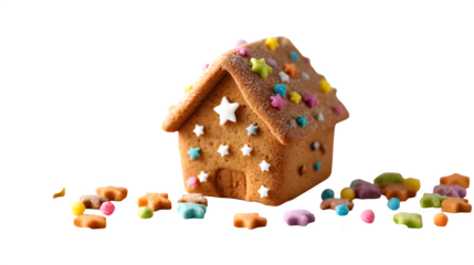 A single, large gingerbread house cookie, surrounded by tiny, colourful candy stars. Appetizing and charming food photography, isolated on white background.
